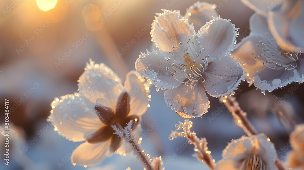 A close-up of frost-covered Alpine flowers early in the morning, with dew drops reflecting the rising sun A close-up of frost-covered Alpine flowers early in the morning, with dew drops reflecting the rising sun