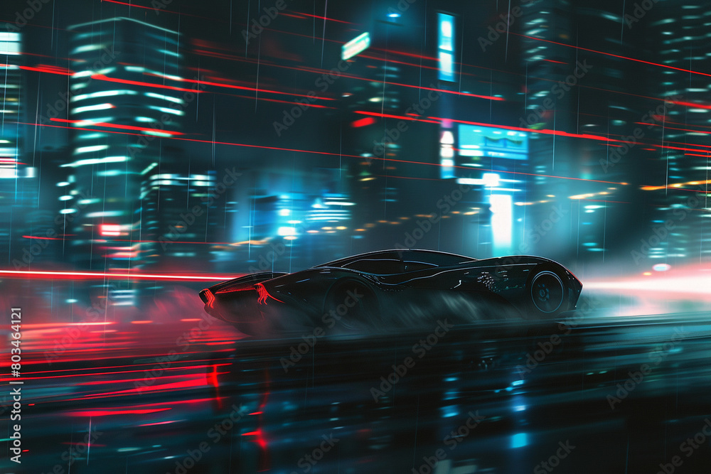 An atmospheric depiction of a high-speed car speeding through the night, its sleek silhouette contrasting against the mysterious backdrop of the urban environment.
