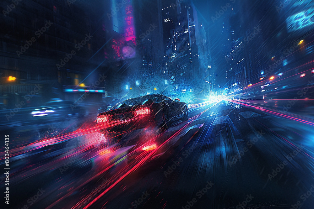 An atmospheric depiction of a high-speed car speeding through the night, surrounded by the mysterious allure of an urban nocturnal landscape.