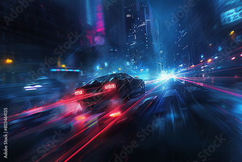 An atmospheric depiction of a high-speed car speeding through the night, surrounded by the mysterious allure of an urban nocturnal landscape. © Faisu