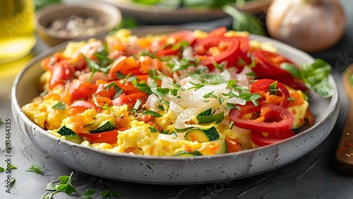 Scrambled Veggie Delight: Red Peppers, Onions, and Zucchini for a Flavorful Breakfast. Concept Veggie Delight, Scrambled Eggs, Breakfast Ideas, Healthy Eating, Flavorful Recipe