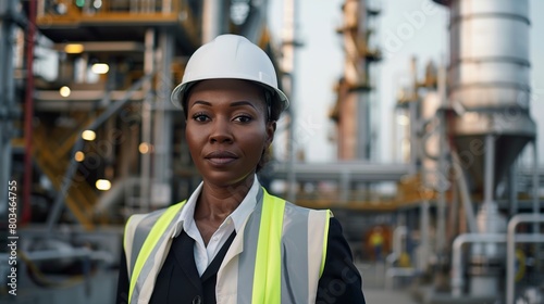 Portrait of a black African-American woman in the role of supervisory manager in an industry. Black woman of authority and experience in an oil industry.