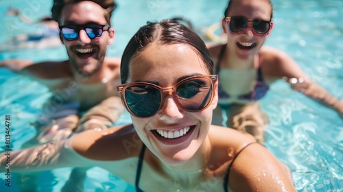Beautiful smiling people in swimming pool wearing sunglasses
