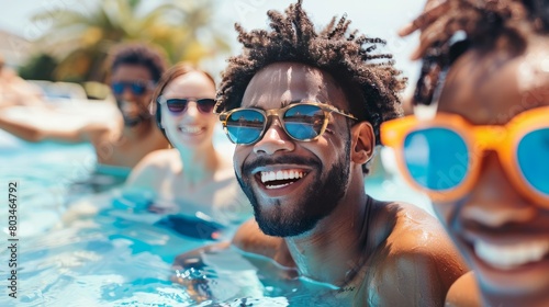 Beautiful smiling people in swimming pool wearing sunglasses