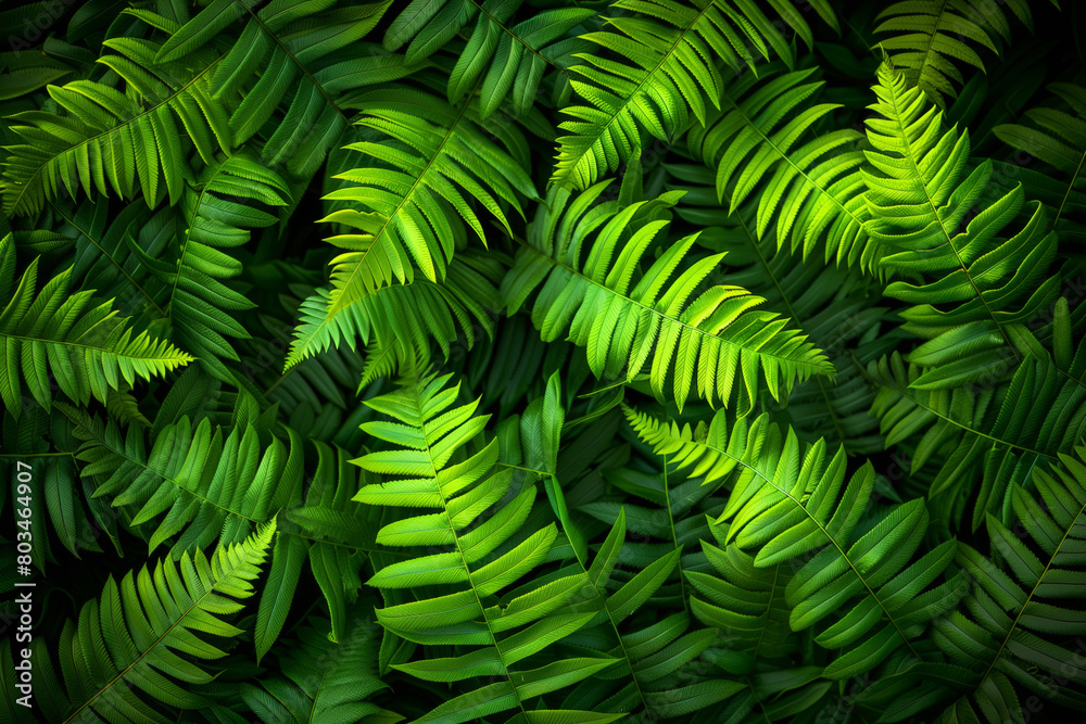 A close up of green leaves with a wet look. The leaves are in a forest and the mood is peaceful and serene. several green fern leaves are shown close up, in the style of striped arrangements
