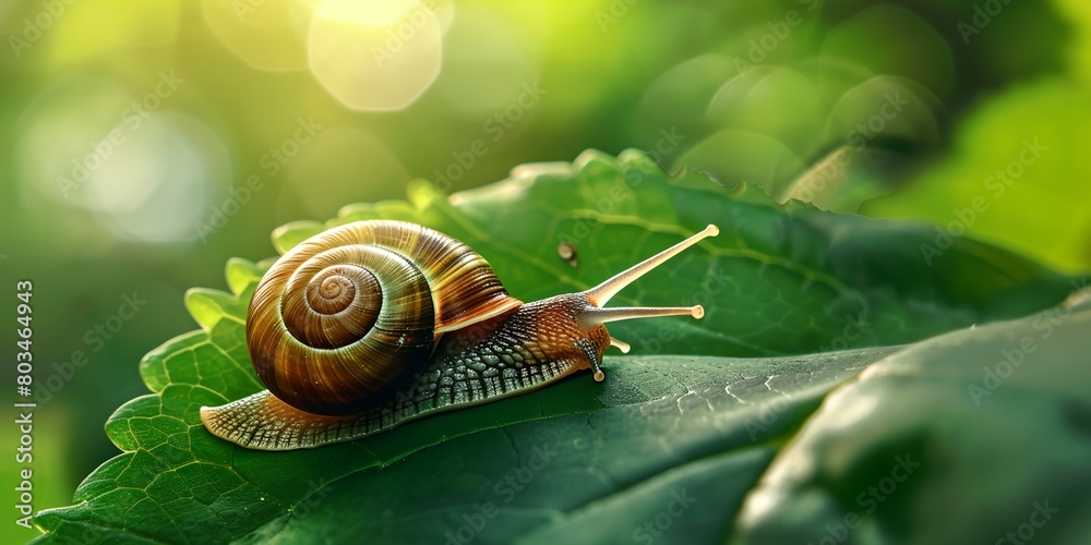 a snail is sitting on a green leaf in the sun light of the day, with a blurry background a snail is sitting on a green leaf in the sun light of the day, with a blurry background