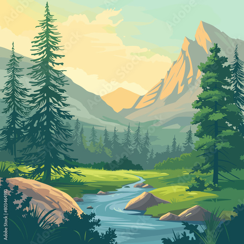 landscape with trees illustration, perspective, river in front of forest