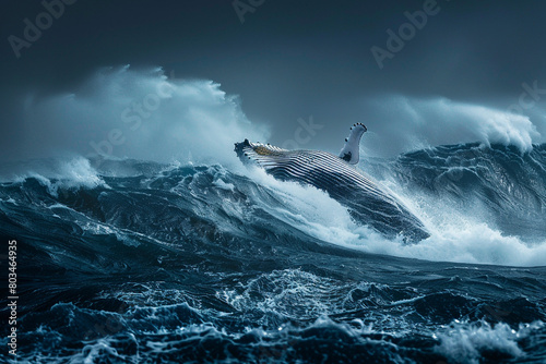 An awe-inspiring shot of a humpback whale breaching in the midst of stormy ocean waves, with the deep blue water creating a dramatic backdrop.