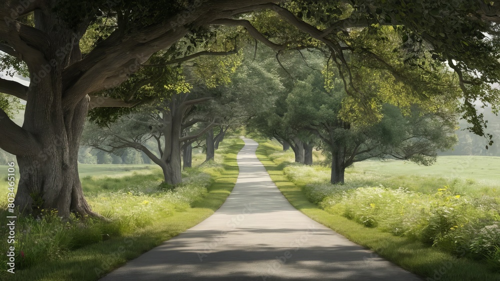 a tranquil scene featuring a long, winding path meandering through lush greenery and towering trees. dappled sunlight filtering through the leaves, casting gentle shadows along the path