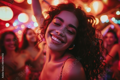 A woman with curly hair is smiling and dancing in a party