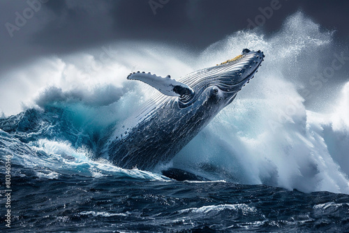 An awe-inspiring shot of a humpback whale breaching in the midst of stormy ocean waves, with the deep blue water creating a dramatic backdrop. © Faisu