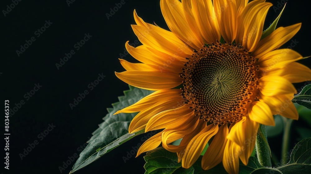 Naklejka premium A close-up view of a sunflower against a dark background highlights its vibrant yellow petals and green leaves.