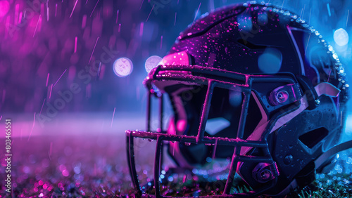 Protective Pursuit: Hockey Helmet in the Rain Amid Purple Light and Cinematic Raindrops