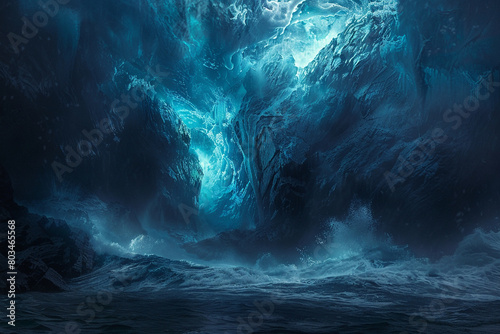 An awe-inspiring view of an underwater cavern with stormy waves crashing against the entrance, casting a mesmerizing blue glow in the depths.