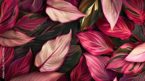 Calathea couture romantic floral showcase display background for women skincare and beauty products generative AI tropical leaves banner with green and pink floral pattern