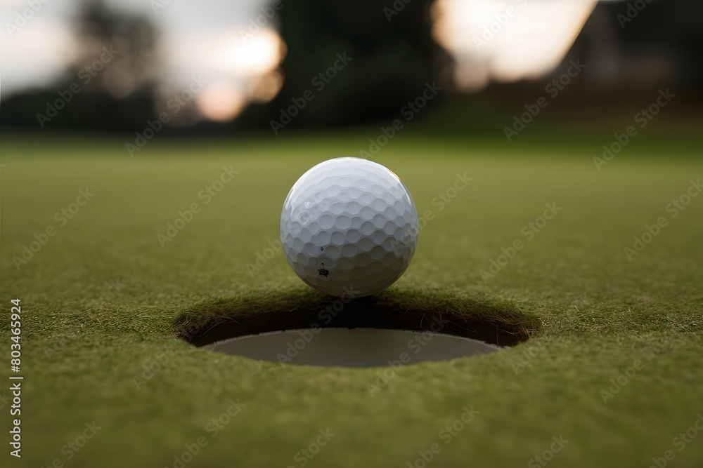 Obraz premium Golf ball on edge of hole, intense focus, anticipation for decisive shot.