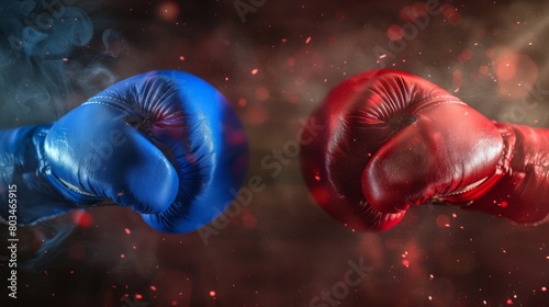 Red and blue gloves in boxing arena place for text. © vannet