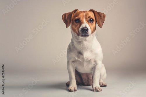Cute Jack Russell Terrier sits on a light background and looks at the camera with curiosity. Close-up portrait of a dog.
