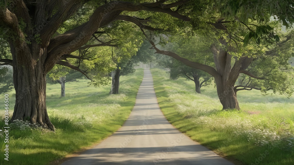 a tranquil scene featuring a long, winding path meandering through lush greenery and towering trees. dappled sunlight filtering through the leaves, casting gentle shadows along the path