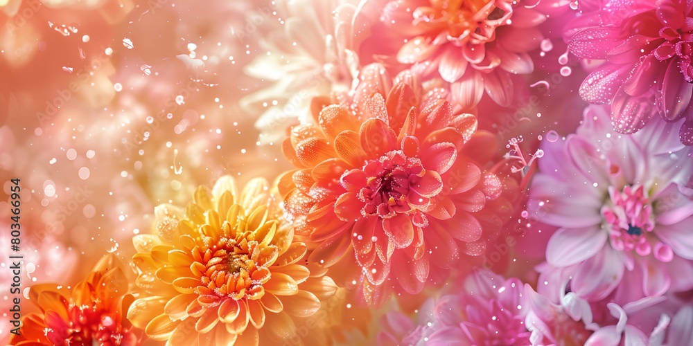 a bunch of flowers that are in the grass with water droplets on them a bunch of flowers that are in the grass with water droplets on them