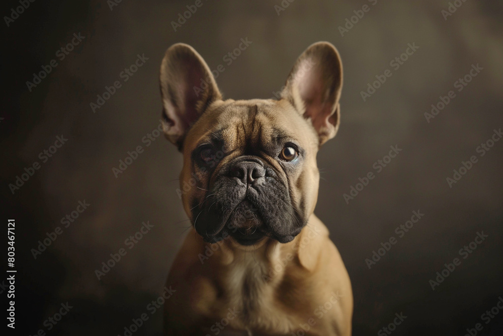 French bulldog on a brown background in a minimalist style. The dog sits in the center of the frame, its wrinkled face and bright eyes attracting attention.