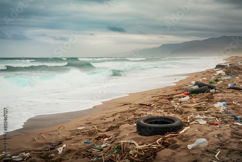 Stormy beach scene with debris, distant mountains, under overcast sky, evoking beauty and concern.