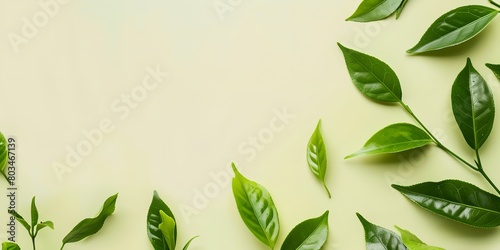 a group of green leaves on a yellow background with a place for text or image
