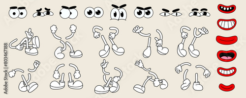 Set of 70s groovy comic faces vector. Collection of cartoon character faces  leg  hand in different emotions happy  angry  sad  cheerful. Cute retro groovy hippie illustration for decorative  sticker