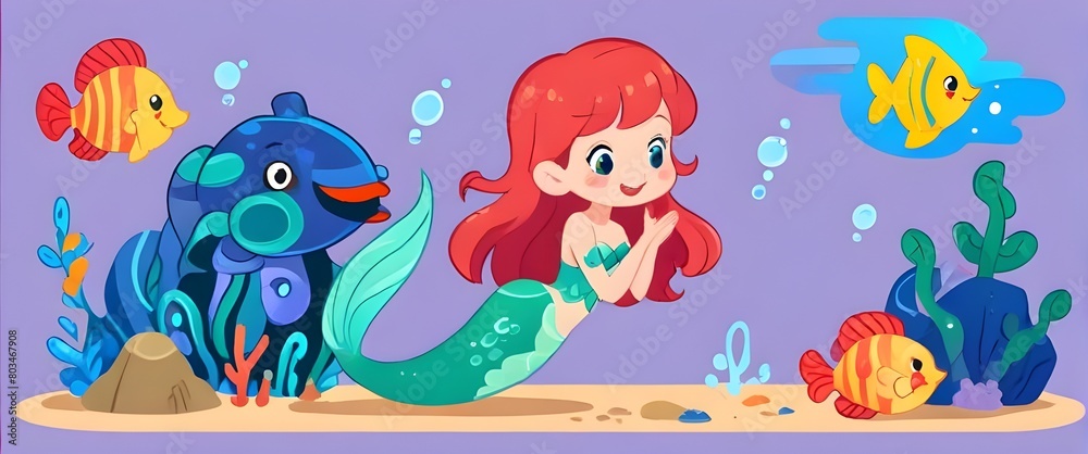 Cute little mermaid interacts with marine life cartoon characters. Illustration vector . Generative AI