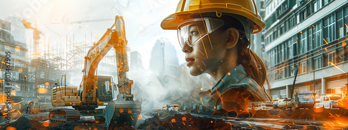 Uncover the fusion of skill and progress as a female engineer, weraring protective glasses and a hardhat, blends seamlessly with a construction site in a captivating double exposure.