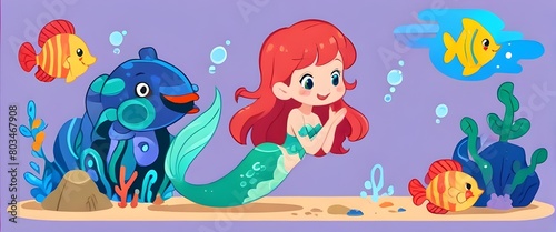 Cute little mermaid interacts with marine life cartoon characters. Illustration vector . Generative AI