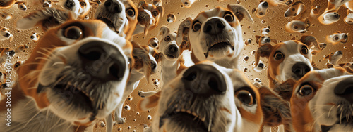 Capture a moment of collective distress and disbelief as a bunch of dogs look up, their expressions filled with surprise and confusion, leaving viewers captivated by their emotional connection. © Pink Badger