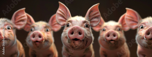 Capture a moment of collective distress and disbelief as a bunch of pigs look up, their expressions filled with surprise and confusion, leaving viewers captivated by their emotional connection.