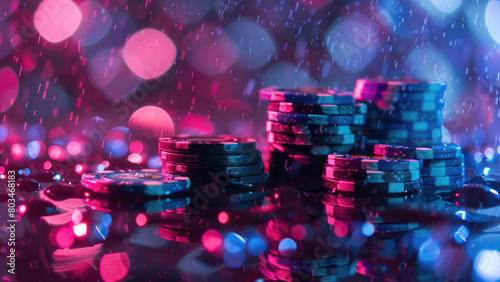 Fortune's Dance: Casino Chips in the Rain Amid Purple Light and Cinematic Raindrops