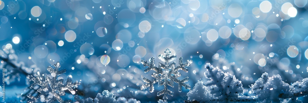 a snowflake is shown in the foreground with a blurry background of snow