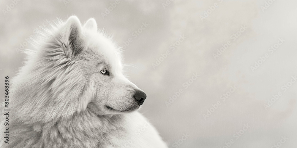 A good quality close-up photo of a cute Samoyed looking into the distance against a light background on the right. Advertising banner. A good quality close-up photo of a cute Samoyed looking into the distance against a light background on the right. Advertising banner.