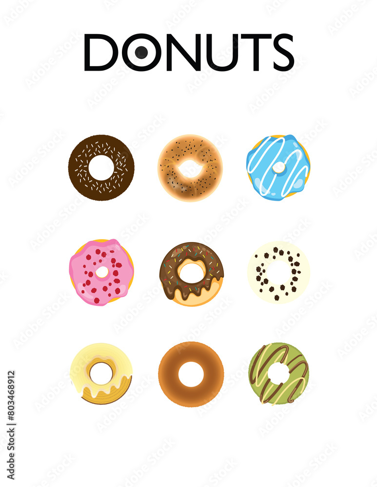 Obraz premium カラフルないろいろな種類のドーナツのイラスト