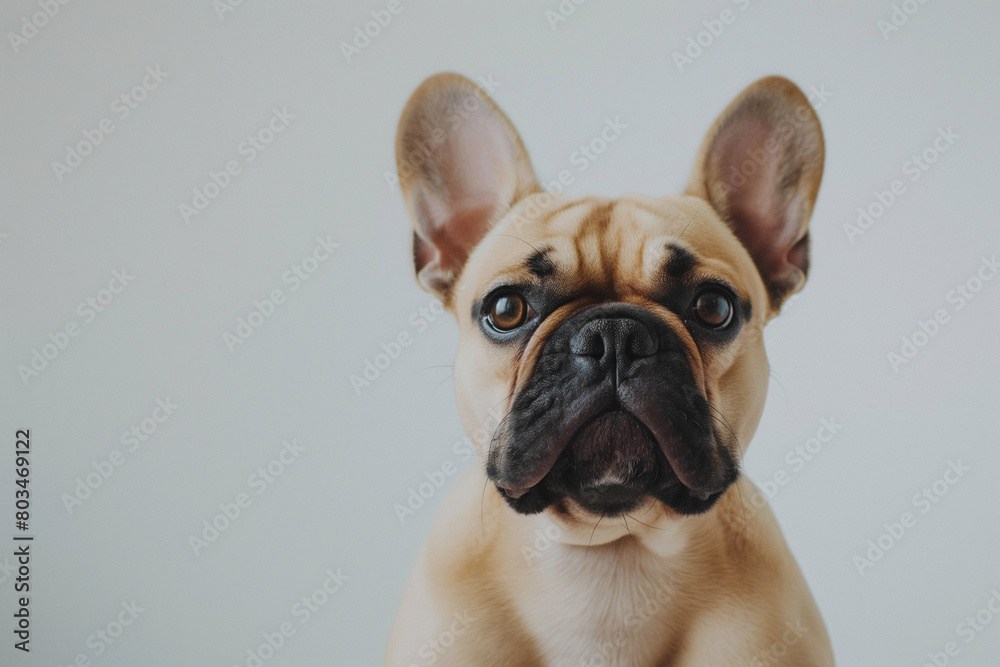French bulldog on a white background in a minimalist style. The dog sits in the center of the frame, its wrinkled face and bright eyes attracting attention.