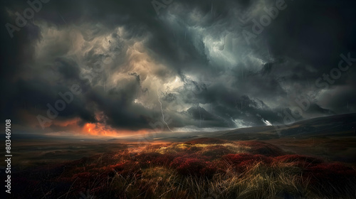 A dramatic thunderstorm brewing over a peat bog, with dark clouds and occasional flashes of lightning illuminating the wet landscape