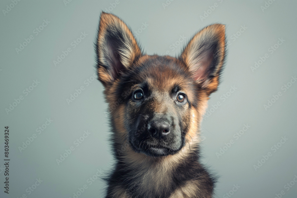 Close-up of a German Shepherd puppy on a light background. he has cute features and a perky look. The photo is made in a minimalist style. Pet.
