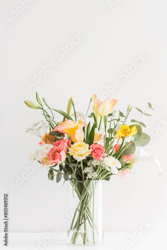 A transparent vase filled with the lively colors of spring flowers bathes in the gentle sunlight, casting a warm glow beside a window in a snug household. © Lubov