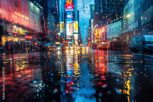 An evocative photograph of rain-soaked city streets, with reflections shimmering under the glow of streetlights during a storm.