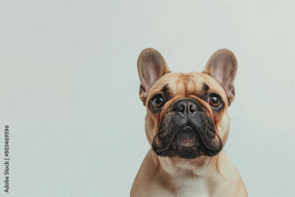 French bulldog on a white background in a minimalist style. The dog sits in the center of the frame, its wrinkled face and bright eyes attracting attention. Pet, advertising banner.