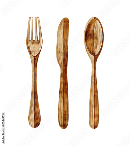 wooden knife spoon fork watercolor digital painting good quality
