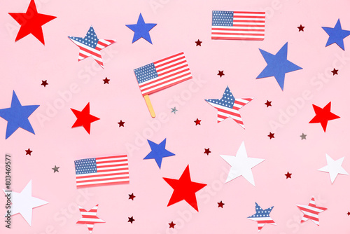 Wallpaper Mural Composition with USA flags and stars on pink background. Independence Day celebration Torontodigital.ca