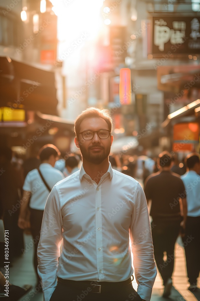 A happy businessman stands on the street of an urban city, surrounded by people about on bustling streets. generative AI