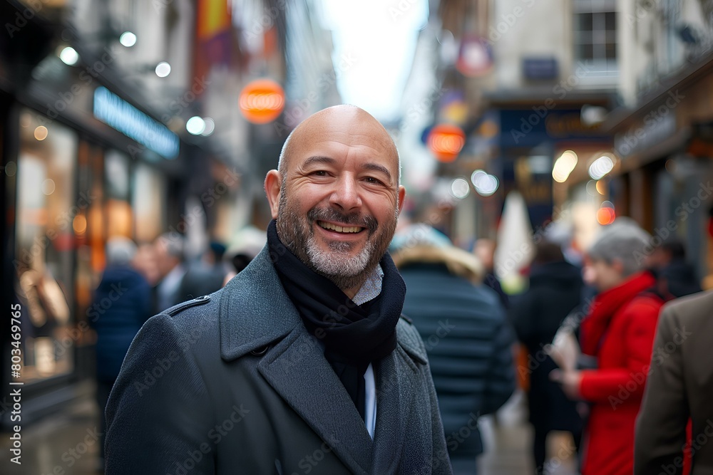 A happy businessman stands on the street of an urban city, surrounded by people about on bustling streets. generative AI