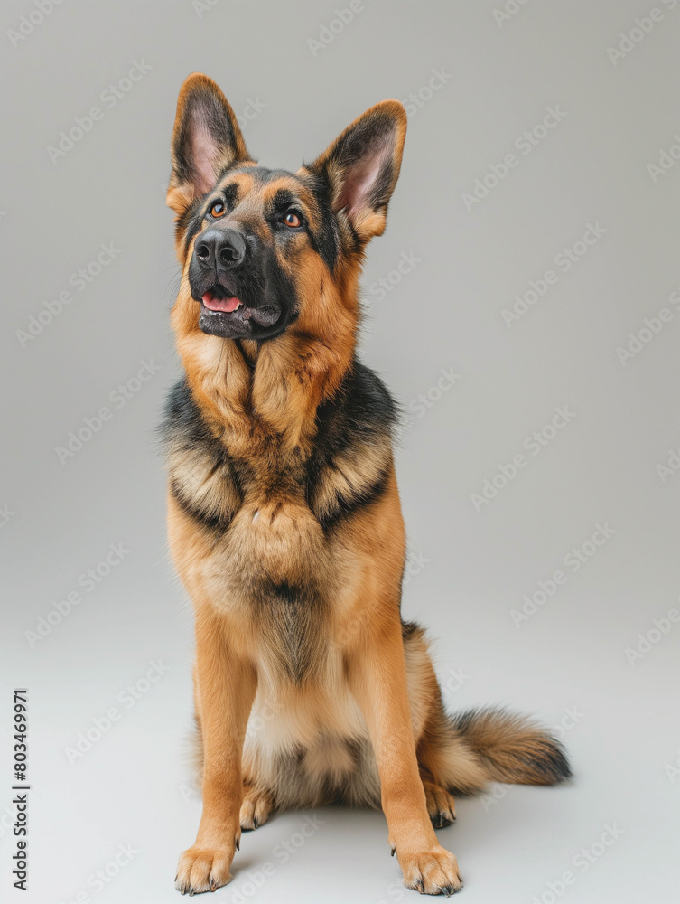 Cute German Shepherd sits on a light background and looks to the side.