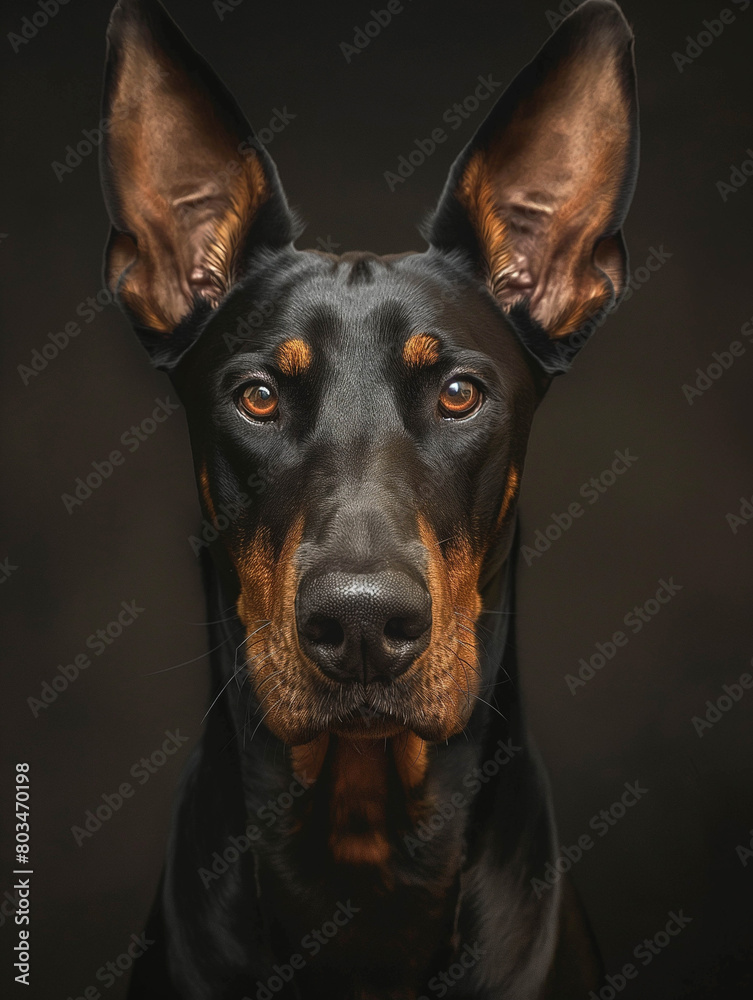 Doberman black, tall Doberman on a black background looking ahead. Close-up photograph of the animal. Advertising banner.