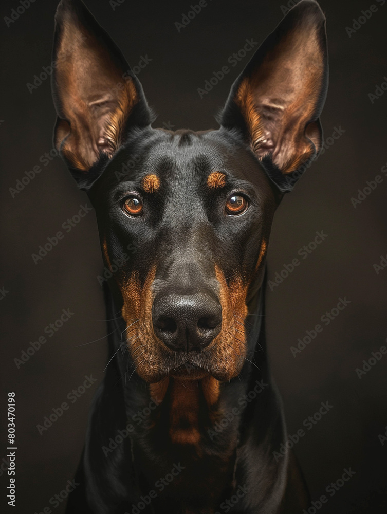 Doberman black, tall Doberman on a black background looking ahead. Close-up photograph of the animal. Advertising banner. Doberman black, tall Doberman on a black background looking ahead. Close-up photograph of the animal. Advertising banner.